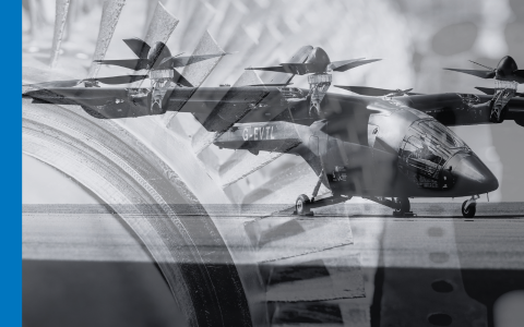 Aircraft overlaid on a close up of power station turbine in black and white
