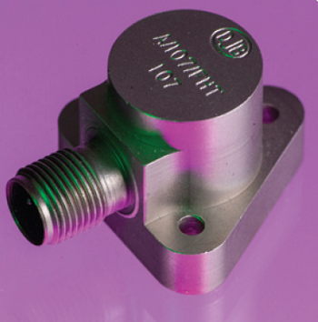A close up shot of an A/107 accelerometer in a purple background