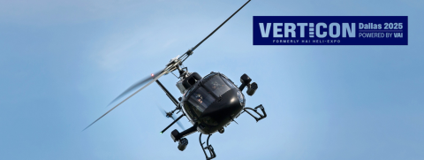 Helicopter in the air with the Verticon Dallas 2025 logo
