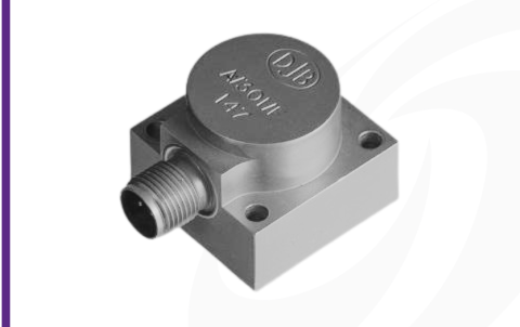 Cut-out image of DJB A/301/F industrial piezoelectric accelerometer on white background