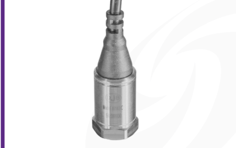 Cut-out image of DJB A/140/C low cost industrial IEPE accelerometer on white background