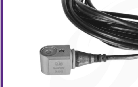 Cut-out image of DJB A/140/SC low cost industrial IEPE accelerometer on white background