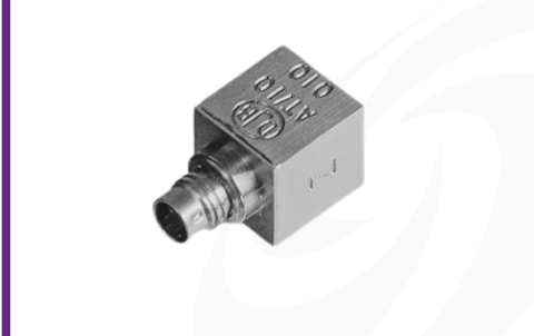 Cut-out image of DJB AT/01 miniature piezoelectric triaxial accelerometer on white background