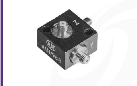 Cut-out image of DJB A/31 piezoelectric triaxial accelerometer on white background