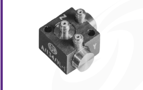 Cut-out image of DJB A/34 piezoelectric triaxial accelerometer on white background