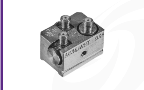 Cut-out image of DJB A/36 piezoelectric triaxial accelerometer on white background