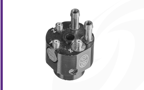 DJB A/133 ultra high temperature water-cooled triaxial IEPE accelerometer, cut-out on white background.