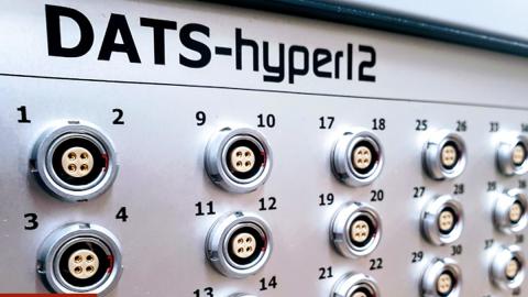 Front panel of the Prosig DATS-hyper12 showing numbered analogue input connectors.