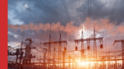 Electric cables overhead at sunset