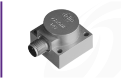Cut-out image of DJB A/301/F industrial piezoelectric accelerometer on white background