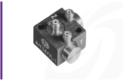 Cut-out image of DJB A/34 piezoelectric triaxial accelerometer on white background