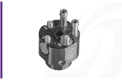 DJB A/133 ultra high temperature water-cooled triaxial IEPE accelerometer, cut-out on white background.