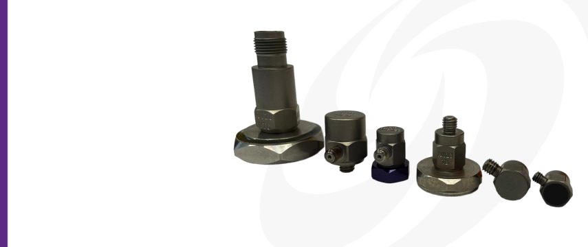 DJB accelerometers showing mounting options: studs, magnets and adhesive/isolated adhesive mount 