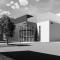Architect's visualisation of the National Satellite Test Facility building in Oxfordshire, in black and white.