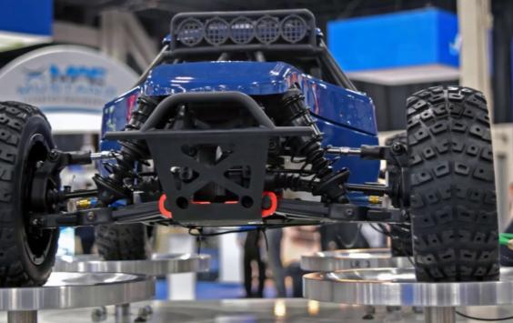 Blue car on display at Automotive Testing Expo in Michigan