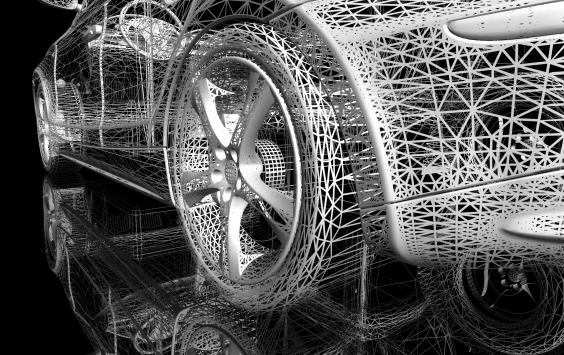 A 3D Model of a car framework in black and white