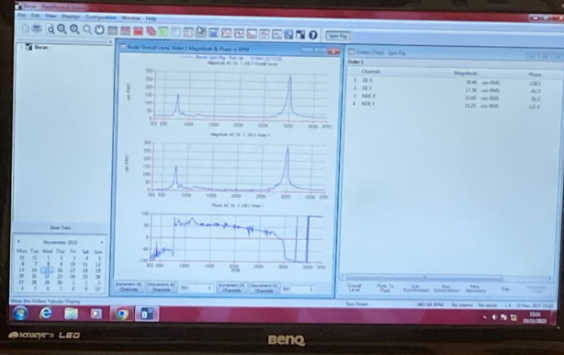 Computer monitor showing vibration diagnostic data
