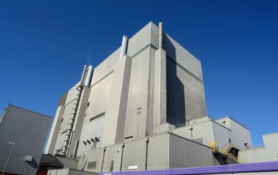 Heysham 1 and 2 Nuclear Power Stations. External view with blue sky background.