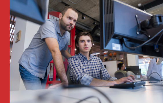 Two male work colleagues looking at computer screen