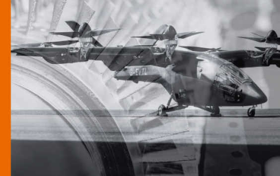 Aircraft overlaid on a close up of power station turbine in black and white