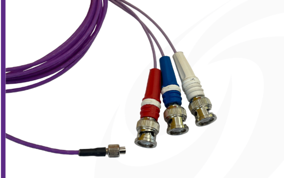 Purple ET25-LN tri-axial cable with 3x BNC connectors and a 4-pin socket