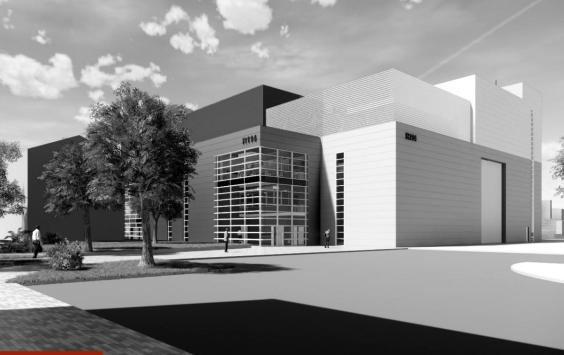 Architect's visualisation of the National Satellite Test Facility building in Oxfordshire, in black and white.